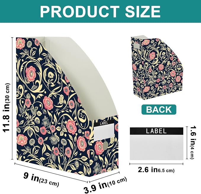 Foldable magazine folders for documents 9x12 inches, desk file organizer 3 Pack storage file boxes for Home School Office, William Morris Style Floral Dark Blue Peach