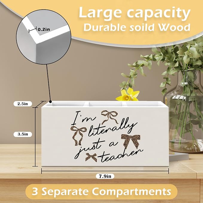 Trendy Leopard Bow Teacher Pen Pencil Holder, Teachers Gifts for Women, Teacher Appreciation Gifts Wooden Pen Pencil Organizer for Office Workplace Classroom Desk Decor