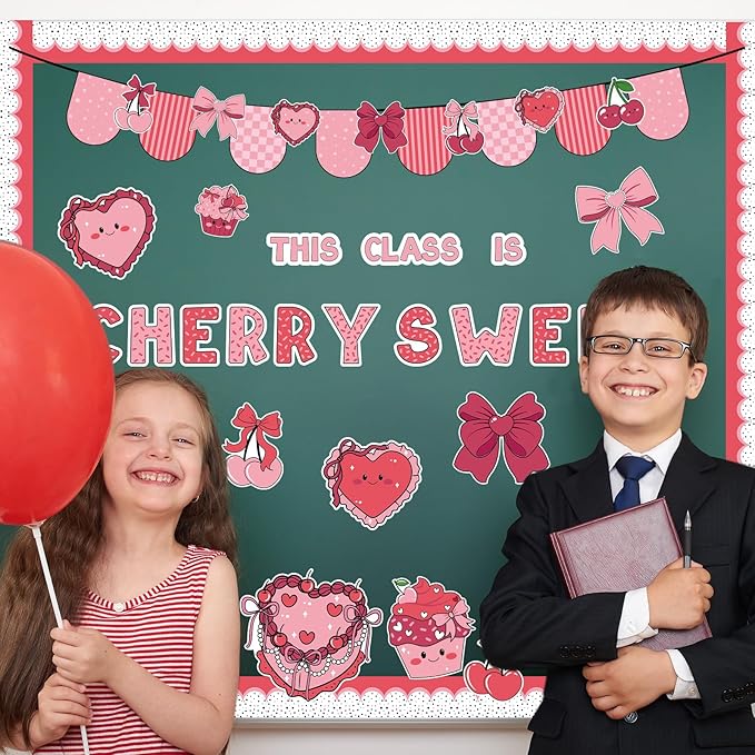 Gersoniel 55 Pcs Valentine's Day Bulletin Board Classroom Decorations Pink Cherry Sweet Bulletin Board Decorations Set Cutouts for Valentine's Chalkboard Wall Decor Supplies