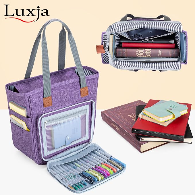 LUXJA Bible Bag with Multiple Pockets for Bible Study Items, Bible Case Tote for Women, Purple