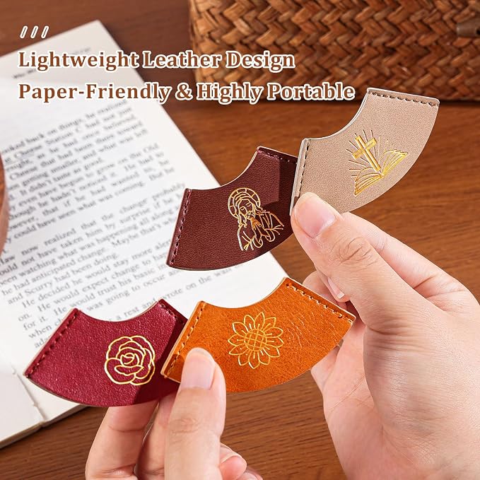 4 PCS Vintage Leather Bookmarks, Bible Bookmarks with Gold Stamping, Christian Book Mark Gift for Bible Study & Journaling, Cute Page Markers for Book Lovers Women Girls
