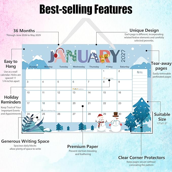 Guasslee Desk Calendar 2026-2029,36 Months Calendar Runs from 2026 Jun. to 2029 May, 17"x11.5" Monthly Desktop/Wall Planner with Thick Paper and Notes for Home School & Office