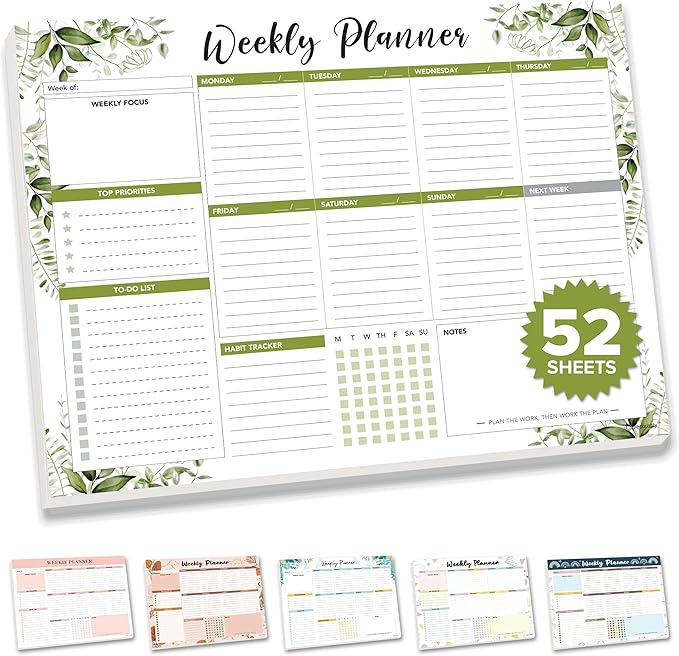 Decorably 52 Sheets Forest Green Undated Weekly Planner Tear Off Pad - 6.5x10in Spring-Bound Desk Notepad, for Focus, Priorities, to-Do List, Habit Tracker, Agenda, Notes - Home, School, Office