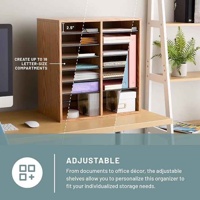 Safco Wood Adjustable Literature Organizer, 16 Compartment with Adjustable Shelves, CDs Storage, and Durable Laminate Finish, for Home Office, Classroom, and Craft Room