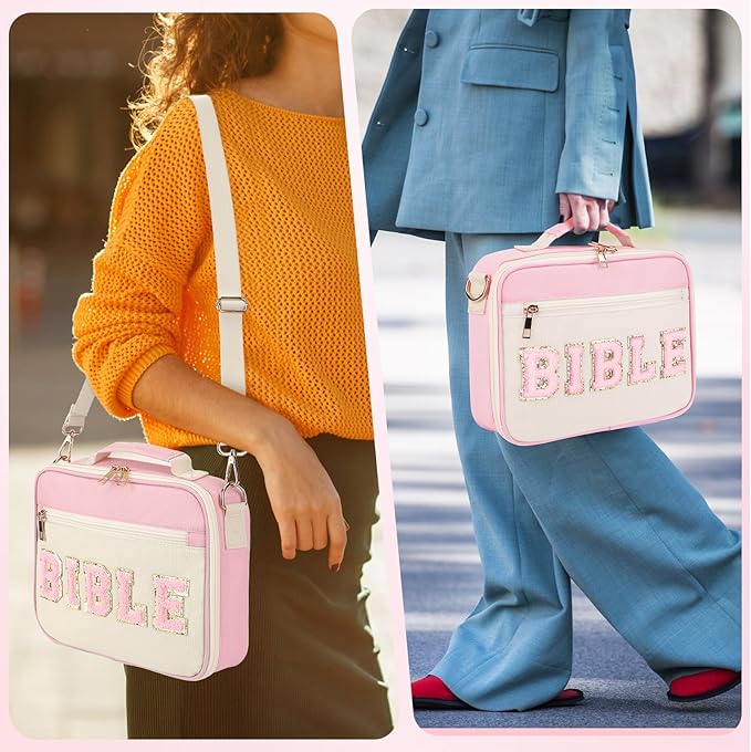 Bible Cover Case for Women Grils, Preppy Bible Bag with Adjustable Shoulder Strap, Waterproof Bible Carrying Tote Bags Holder for Bible Study Supplies Accessories & Christian Gifts (Light Pink)