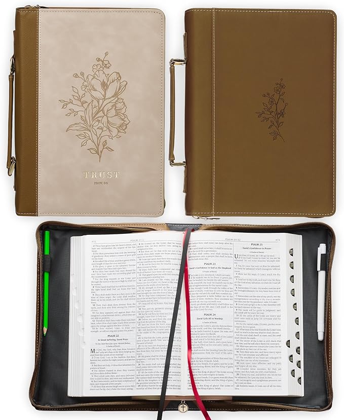 Christian Art Gifts Premium Vegan Leather Inspirational Bible Cover for Women: Trust Encouraging Bible Verse, Easy Carry Zippered Case, Pen Loops, Pockets, Debossed Florals, Pink & Light Brown, Medium