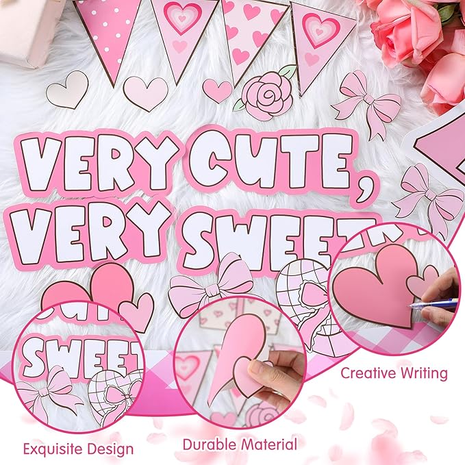 Glenmal Valentine's Day Bulletin Board Set Very Cute Sweet Loved Pastel Heart Girly Classroom Decoration Truck Flower Candy Cutouts for School Classroom Chalkboard Decoration
