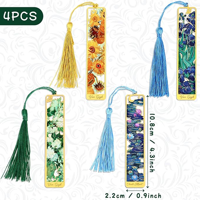 4 Pieces Metal Bookmark with Tassel,Cute Bookmarks Oil Painting Theme Aesthetic Bookmark Golden Van Gogh Book Marks for Women Man Book Lovers Writers Reader Adult Children Teens