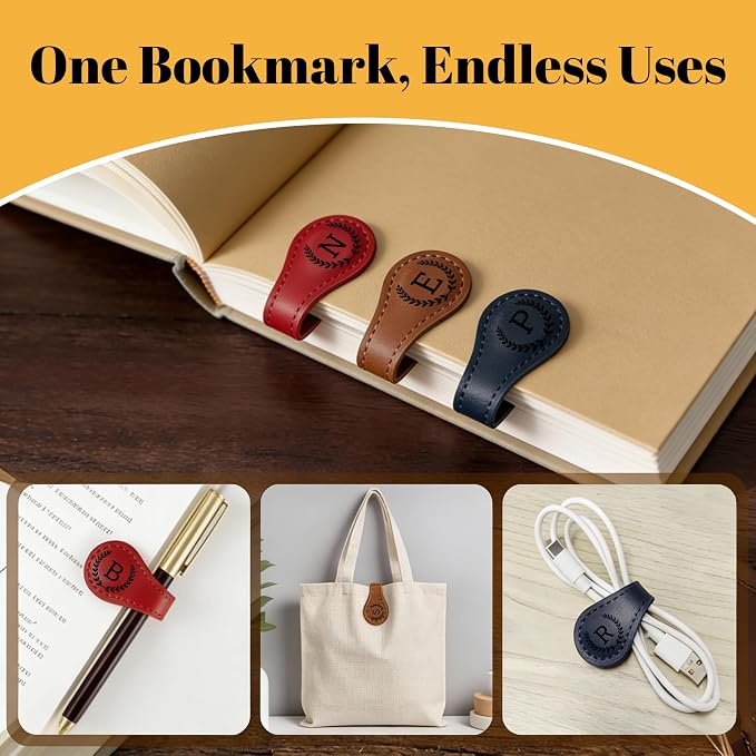 3PCS Personalized Magnetic Leather Bookmark, 26 Letters Custom Bookmarks, Customized Engraved Name Initial Book Mark for Book Lovers Readers Teachers Women Men, Q