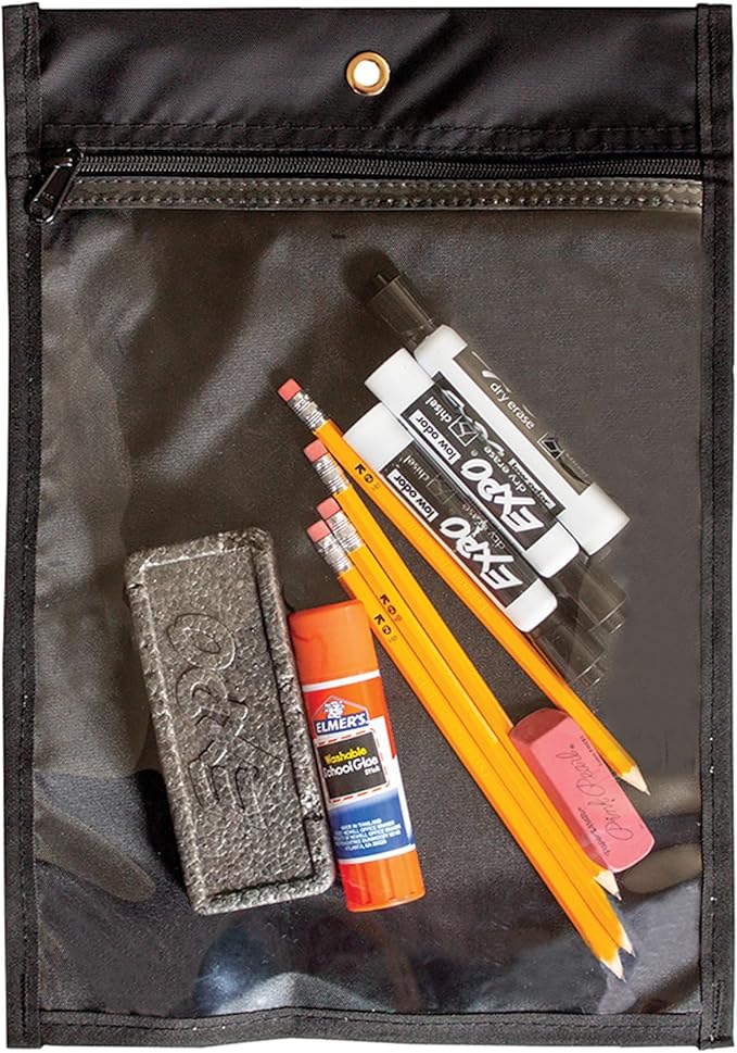 Media Pouch and Nylon Tote Bag for Books, Headphones, and School Accessories, Heavy Duty Travel Storage for Classroom or Library, 14.25 x 9.75 Inch (Black)