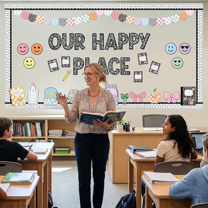 Mooliwe 94 Pcs Composition Notebook Classroom Decor Welcome Back to School Bulletin Board Set Checkered Classroom Decor Smile Face Stationery Paper Cutouts for First Day of School Wall Door(Novel)