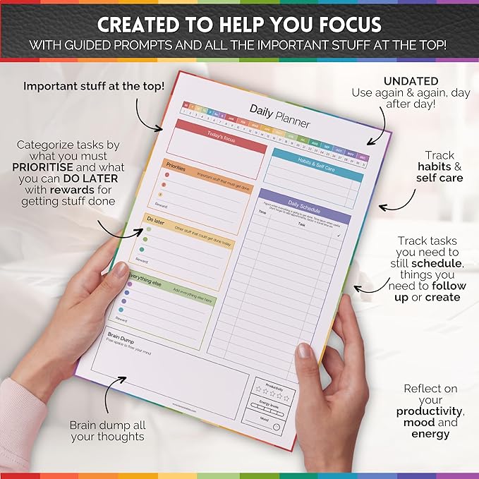 ADHD Daily Planner Notepad for Neurodivergent Adults - Productivity Daily Planner Desk Pad & Task Management to Stay Organized and Focused Note Pad | A4 (Colorful, A4 Portrait)