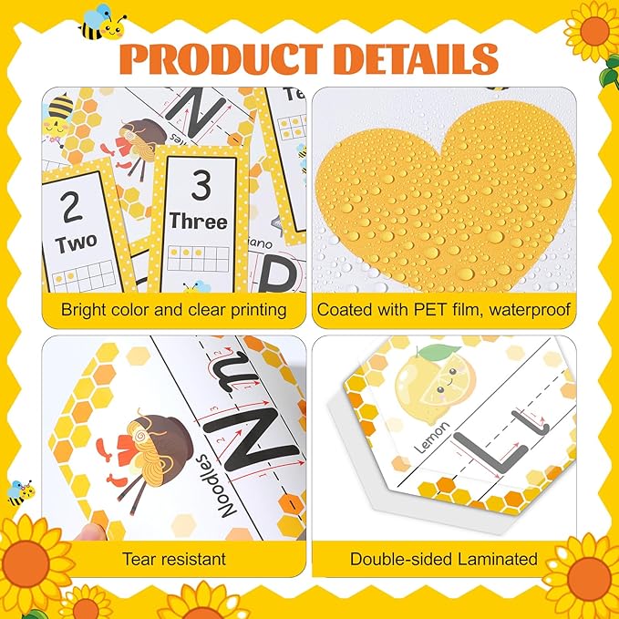 Bee Themed Alphabet Number for Classroom Wall Honeycomb Bulletin Board Manuscript Educational Cards ABC Letters Numbers Shapes Colors Poster for Preschool Elementary Early Learning Decor