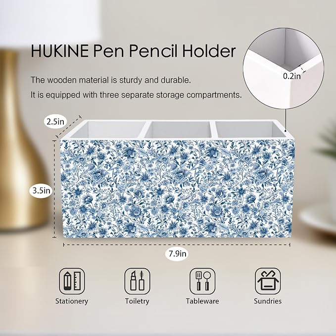 Blue and White Chinoiserie Floral Pen Holder for Desk Decoration, Vintage Blue Toile De Jouy Flower Wooden Box Sign Pencil Holder Organizer for Home Office Desk Accessories