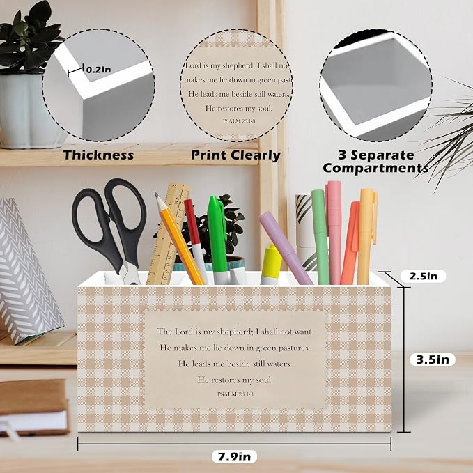 Christian Bible Verse Pen Holder, Christian Office Pen Pencil Holder Organizer for Desk Accessories, Religious Scripture Gingham Wooden Box Desk Decor for Home Office Desk Decorations