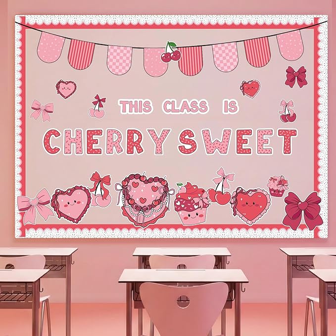 Gersoniel 55 Pcs Valentine's Day Bulletin Board Classroom Decorations Pink Cherry Sweet Bulletin Board Decorations Set Cutouts for Valentine's Chalkboard Wall Decor Supplies