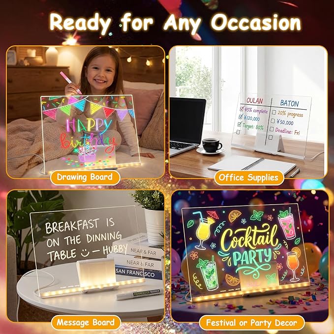 Led Dry Erase Board for Kids, 3 Pack Light Up Drawing Board with Stand, Rechargeable Acrylic Message Pad with 7 Color Markers, Glow Writing Tablet for Birthday Party Favors Rewards Gifts