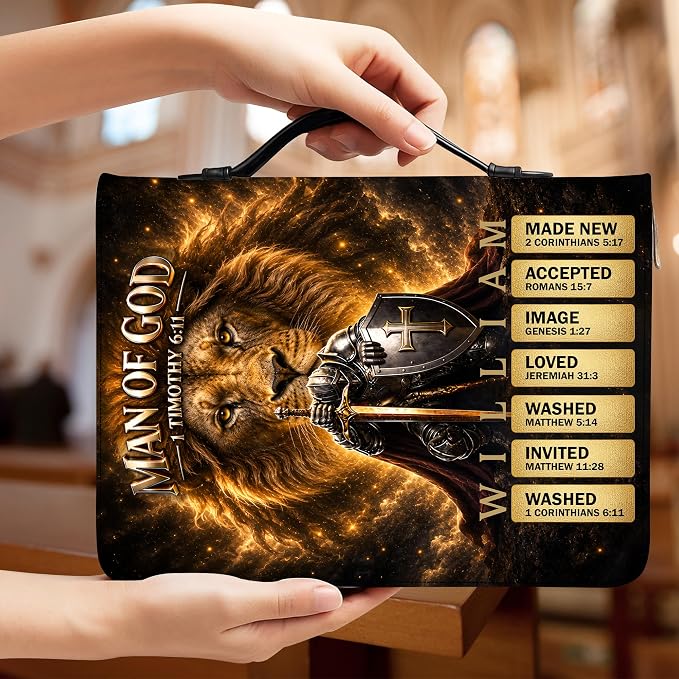 Personalized Man of God Bible Cover for Men, Christian PU Leather Bible Case with Handle Zipper, God Says I Am Warrior Scripture Bible Holder, Religious Gift for Men (Man of God Bible Verse)