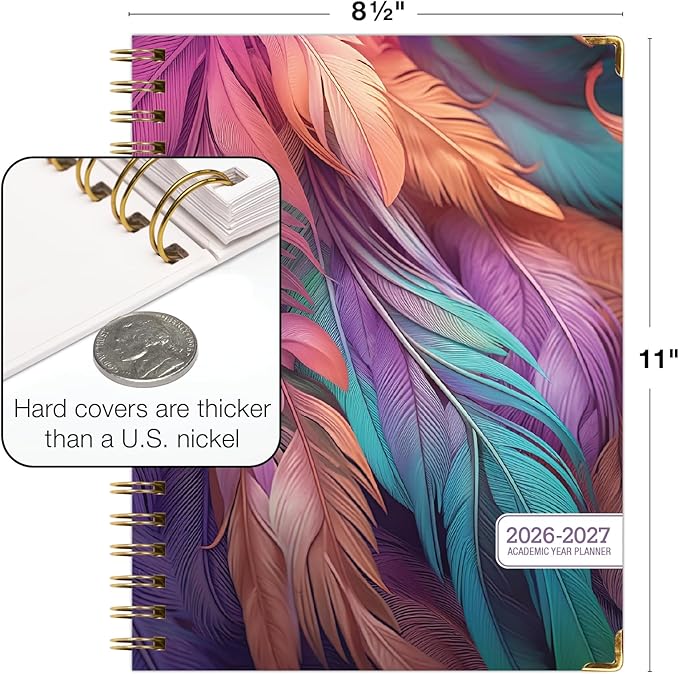 HARDCOVER Academic Year 2026-2027 Planner: 14 Months (May 2026 Through June 2027) 8.5"x 11" Daily Weekly Monthly Planner Yearly Agenda. Bookmark, Pocket Folder and Sticky Note Set (Pastel Peacock)
