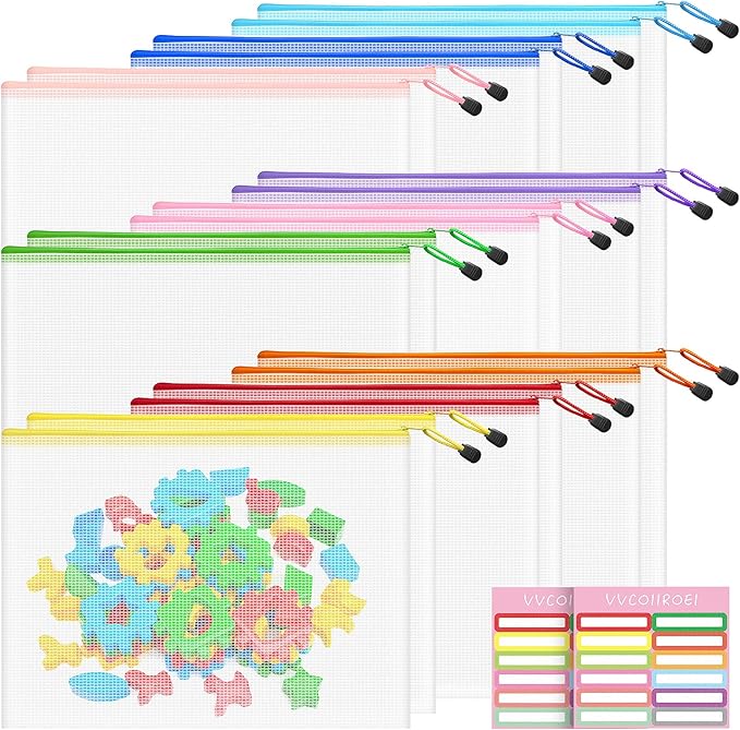 18pcs Mesh Zipper Pouch Bags, B4 Sizes Zipper Pouch, Mesh Bags with Zipper, Plastic Zipper Pouches, 9 Colors Zipper Pouches for Organizing, Puzzles, Travel, School Office Organize