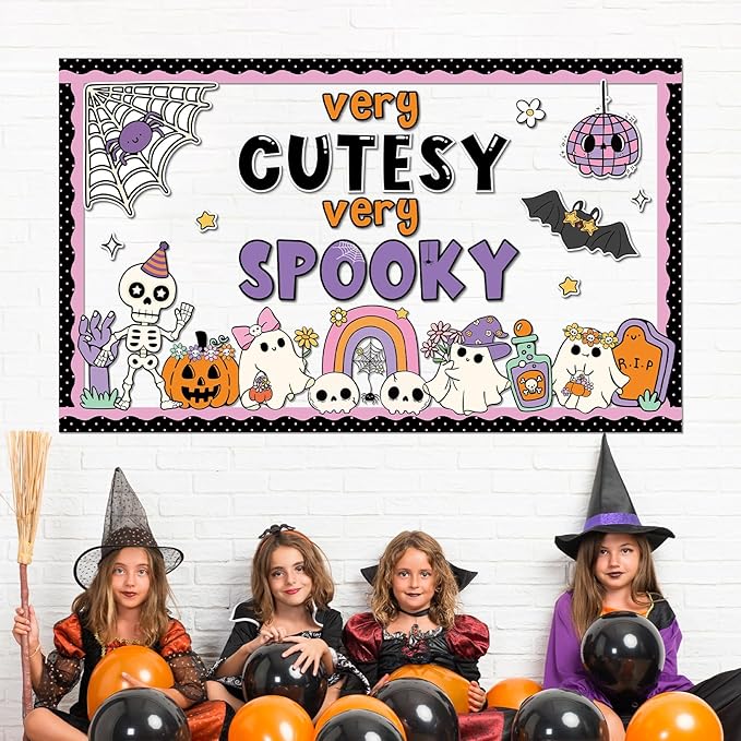 Halloween Bulletin Board Decorations Cute Ghost Paper Cutouts Very Cutesy Very Spooky Bulletin Board Set Pumpkin Spider Bat Party Supplies for Halloween School Chalkboard Wall Window Decoration Favor