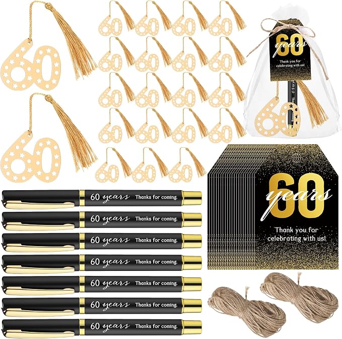 Spakon 50 Set 60h Birthday Party Favor for Guest Anniversary Party Favor Golden Birthday Bookmark Thanks Coming Pen with Tag Appreciation Gifts for Women Men Wedding Anniversary