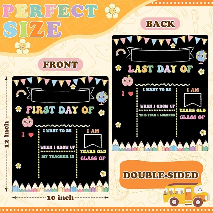 AmazingSpark First and Last Day of School Sign Board Double Sided 1st Back to School Supplies 10"x12" for Kids Preschool Kindergarten Chalk Board, Cute Crayon Retro Groovy Photo Reusable(Macaron)
