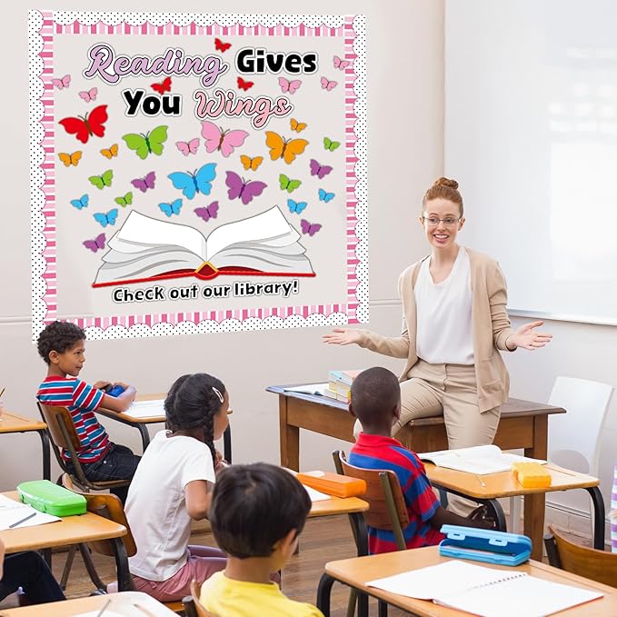 Reading Bulletin Board Set Reading Gives Your Imagination Wings Classroom Decoration Motivational Colorful Butterfly Paper Cutouts for Back to School Nursery Library Door Wall Decor Supplies