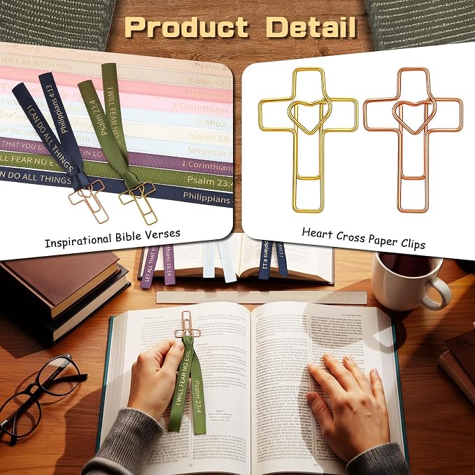 Resurhang 80 Pack Heart Cross Paper Clips with Ribbons 40 Gold, Rose Gold Bible Paper Clips 40 Christian Bookmark Ribbons Bible Study Journaling Supplies Easter Eggs Fillers Women Christian Gifts