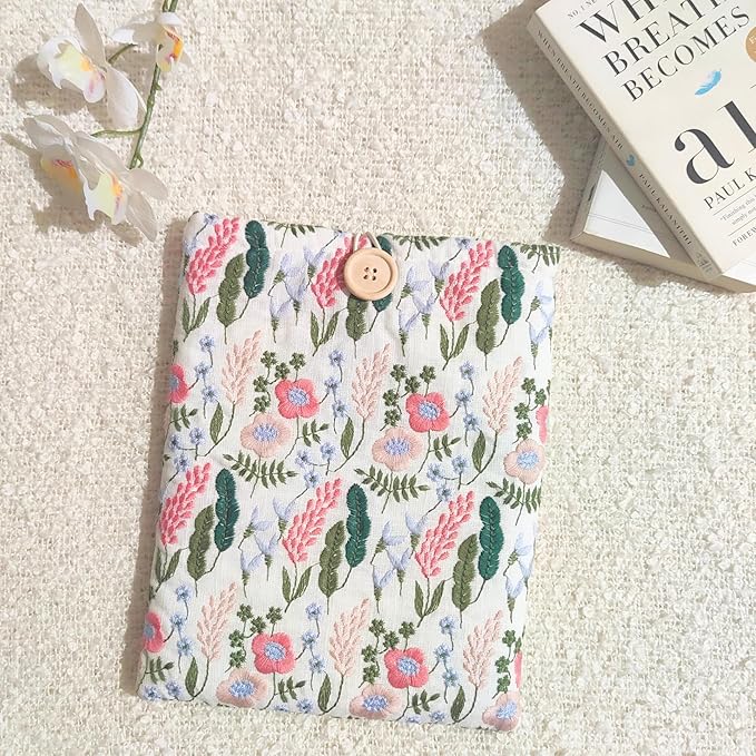 Floral Embroidered Canvas Book Sleeve - Elegant Book Cover, Padded Protector for Paperbacks & Hardcovers, Ideal for Book Lovers, Wooden Button (Lavender, Large)