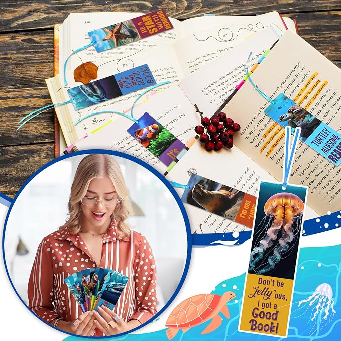 PerKoop 60 Pieces Realistic Ocean Bookmarks with Ribbon Bulk for Reading with Cute Sea Animals Encouragement Bookmarks for Students School Party Rewards Gifts