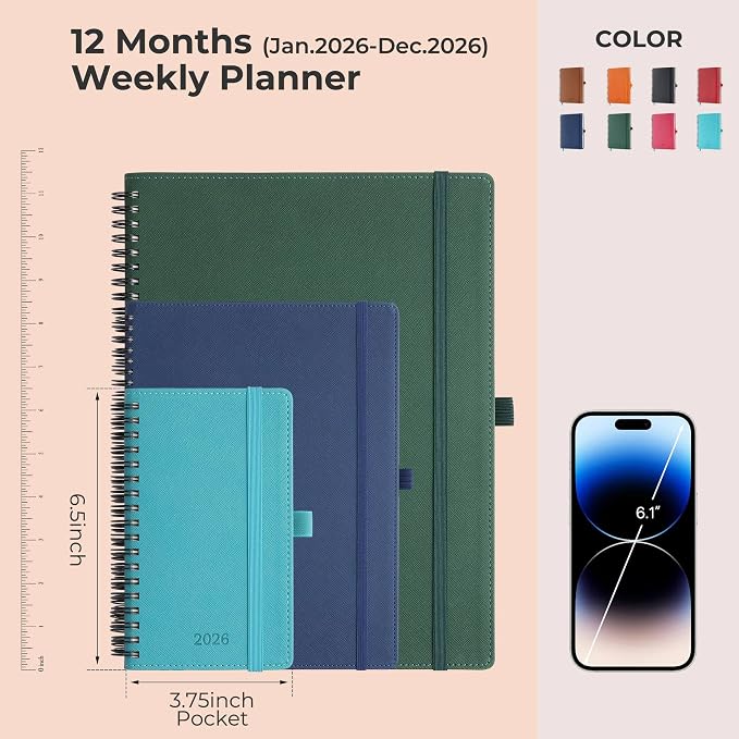 Planner 2026 Daily Weekly and Monthly,6.5"x3.75",12 Months Spiral Bound Calendar Agenda with Self-adhesive Pen Holder,2026 Appointment Book with Vegan Leather Soft Cover,Blue