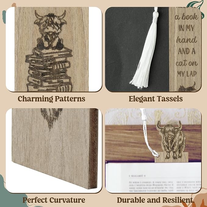 TICIAGA Wooden Highland Cow Bookmarks - 4PCS Walnut Brown Cow Bookmarks Bulk with Tassel for Book Lovers, Farm Animal Wooden Carving Book Mark Xmas Gift for Reading Girls, Teacher Appreciation Gifts