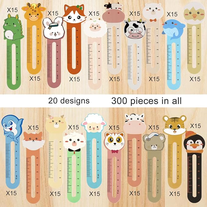 300 Pcs Cute Animal Bookmarks for Kids, Funny Cartoon Book Marker Clips 20 Styles Ruler Bookmarks Bulk Page Markers Holders for Students Teachers Readers Book Lovers School Rewards