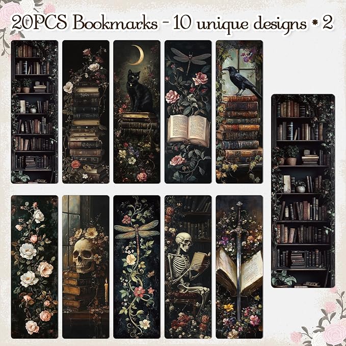 Wxiben Dark Romance Bookmarks Gifts - 20 Pcs Gothic Flower Bookmark Retro Aesthetic Book Mark Skull Plants Dragonfly Page Marker Clip Gift for for Women Students Teachers Bookish Book Lovers Reading
