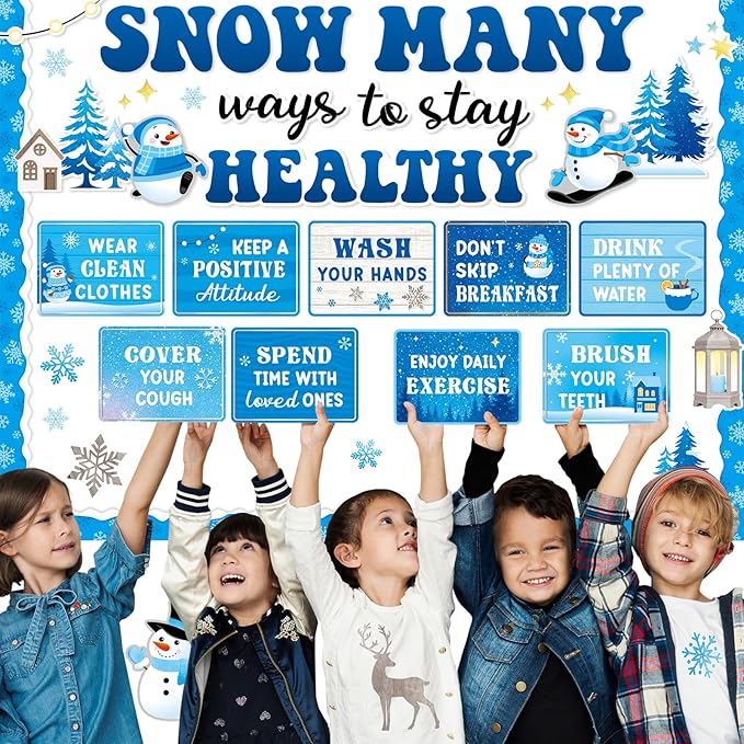 Ctosree 60 Pcs Winter Healthy Bulletin Board Decorations Set Good Habits Poster Snowman Snowflake Good Habits Cutouts for Winter Teacher Classroom School Office Chalkboard Wall Supply
