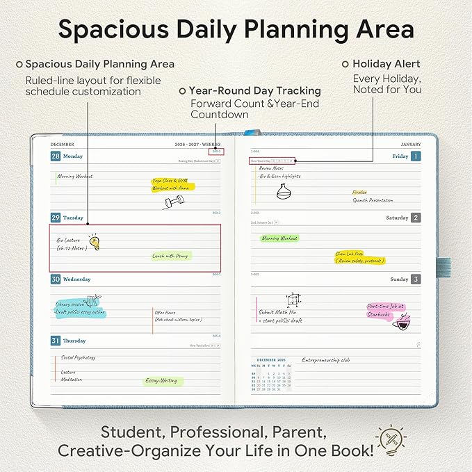 Planner 2026-2027 Weekly & Monthly Planner, 18 Month Academic Calendar July 2026 – Dec 2027, Horizontal Layout with Monthly Tabs, Hardcover Business Agenda Organizer, Sky Blue