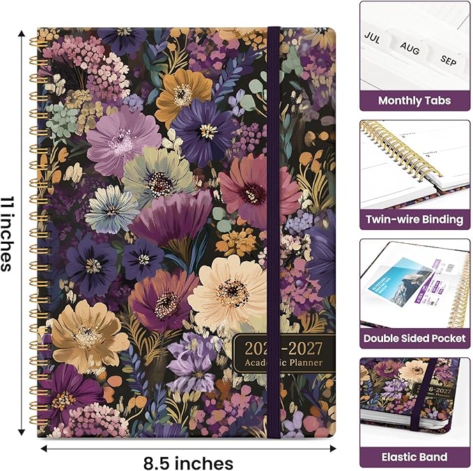 Planner 2026-2027, Academic Year Monthly and Weekly Calendar Planner, Jul 2026 - Jun 2027, Hardcover Teacher Student Planning Agenda book with Tabs, Perfect for School Office Supplies, 8.5" x 11" - Midnight Bloom