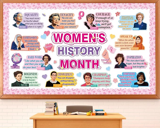 Women’s History Month Bulletin Board Set Famous Women in History Classroom Decoration Inspirational Bulletin Board Women Positive Quotes Cutouts for March Classroom School Office Chalkboard Wall Decor