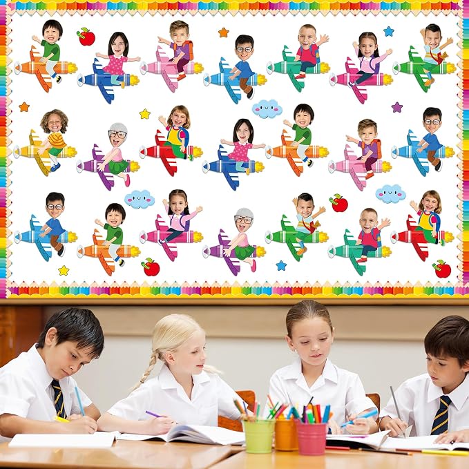 gisgfim 80Pcs Crayon Cutouts Back to School Decoration Bulletin Board Colorful Crayon Airplane Paper Cut-Out Classroom Decor for Boy Girl DIY Craft Photo Wall Kindergarten Preschool Party Favor Supply