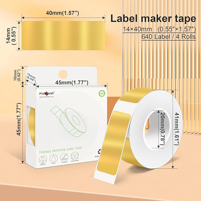 PARLAIM 14 X 40mm (0.55"x1.57") Tear-Resistant Thermal Label, 4 Rolls 640pcs OEM Label Tape Replacement Compatible with D30 Label Maker Perfect for Home/Office/School, Bright Gold