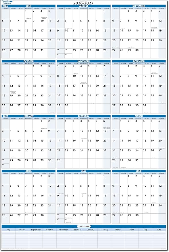 Fiscal/Academic Split Year July 2026 to June 2027 Vertical 12 Month Wall Calendar 36" x 24" - Dry & Wet Erasable with Next Year Planner Area. Complete with Fine tip Dry-erase Marker and Eraser