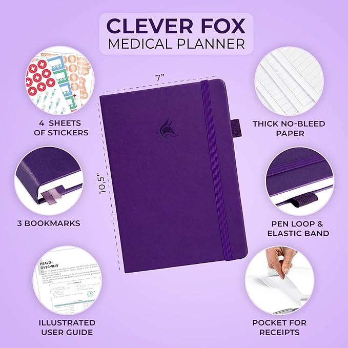 Clever Fox Large Medical Planner 12-Month – Medical Notebook, Health Diary, Wellness Journal to Track Health – 12 Months, 7x10.5″ (Purple)