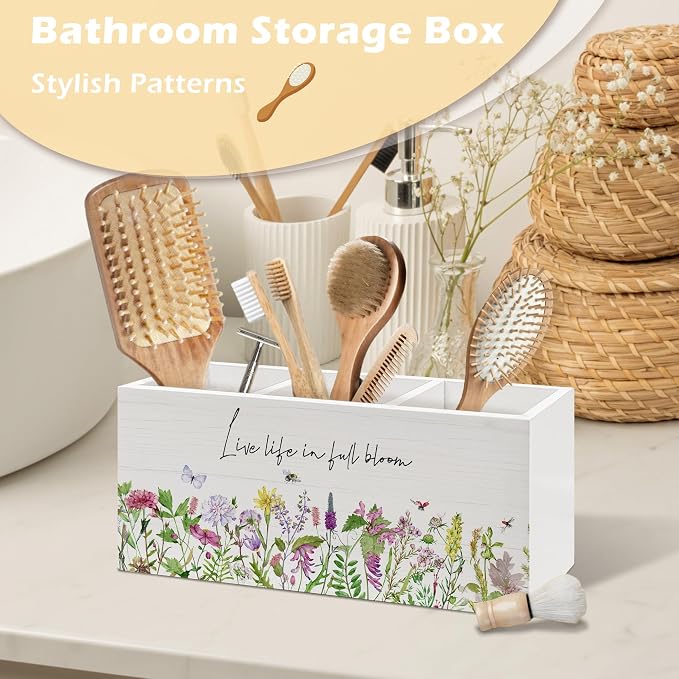 Rustic Spring Floral Pen Holder Organizer, Spring Desk Decor, Live Life in Full Bloom Wildflower Motivational Wooden Pen Pencil Holders for Home Office Desk Accessories