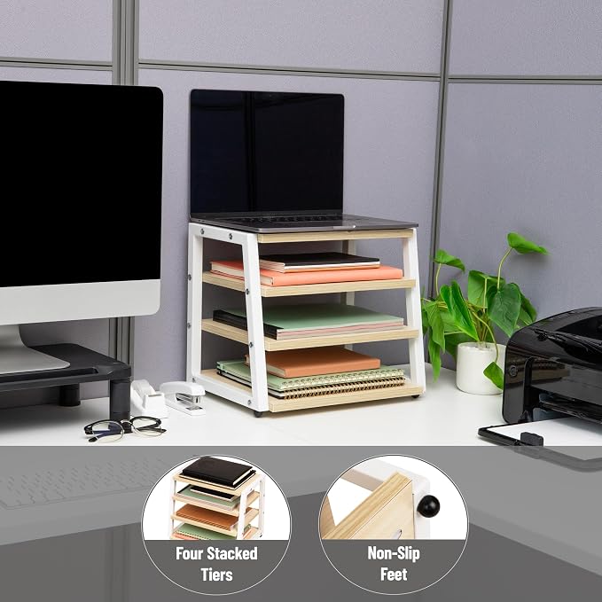 Mind Reader 4-Tier Desk Organizer, File Storage, Documents, Office, Metal, MDF, 14.5" L x 10.5" W x 12" H, White