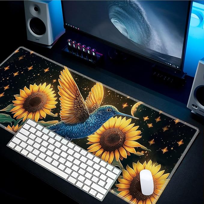 Mouse Pad Gaming Mousepad 31.5x11.8 Inch XXL Large + Coasters,Desk Mat with Stitched Edges, Non-Slip Rubber Base, Thick Mouse Pad for Computer, Laptop, Office & Home - Sunflower Hummingbird