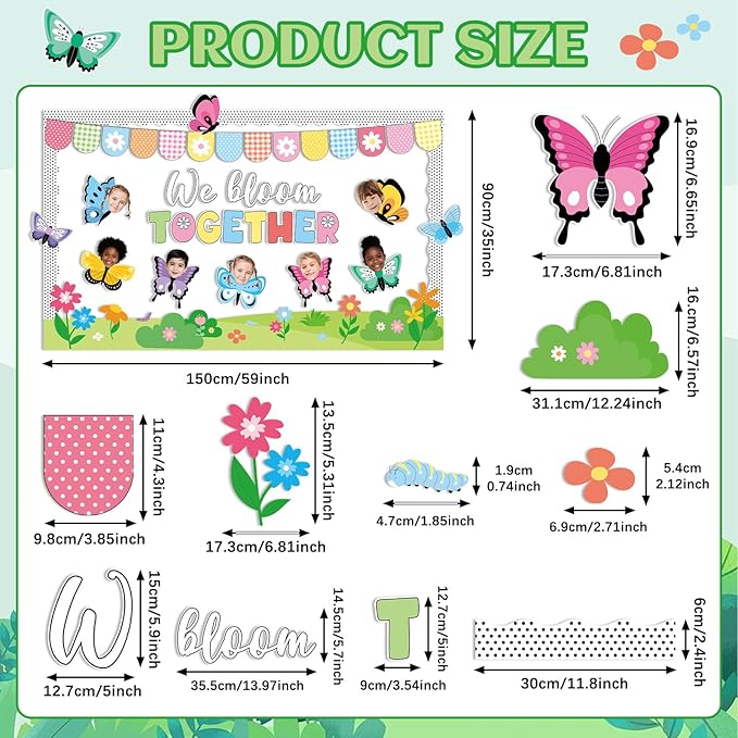 76PCS Spring Classroom Bulletin Board Decorations Set We Bloom Together Butterfly Flower Cutouts with DIY Photo Craft Spring Summer Floral Boarders for School Church Chalkboard Wall Decor Office Home