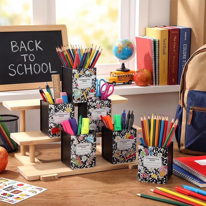 Sherr 6 Pcs Composition Notebook Pencil Dispenser for Classroom Back to School Wood Pencil Holder Classroom Pen Holder Storage Organizer for Teachers Classrooms Office Desk Organization
