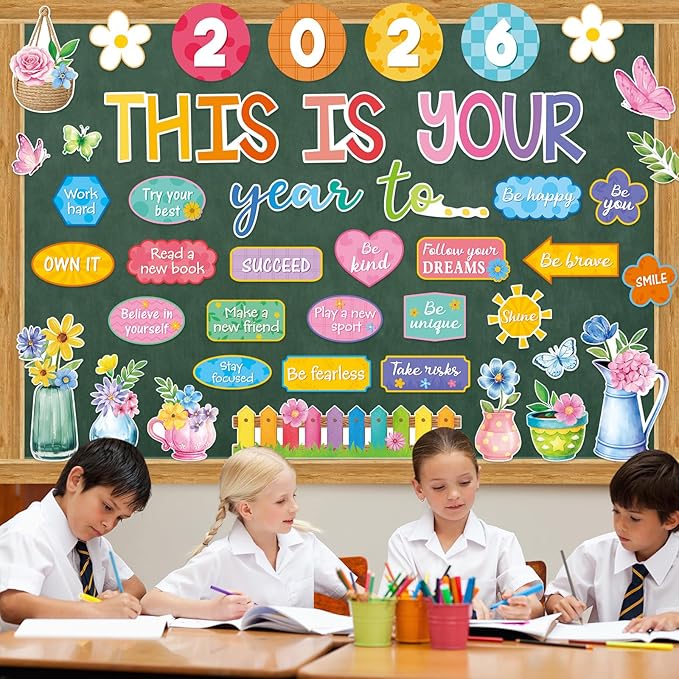 Eaasty Spring This is Your Year to Bulletin Board Set Flower Butterfly Cutouts Motivational Welcome Back to School Classroom Decor for School Office Chalkboard Door Wall Decor Supply