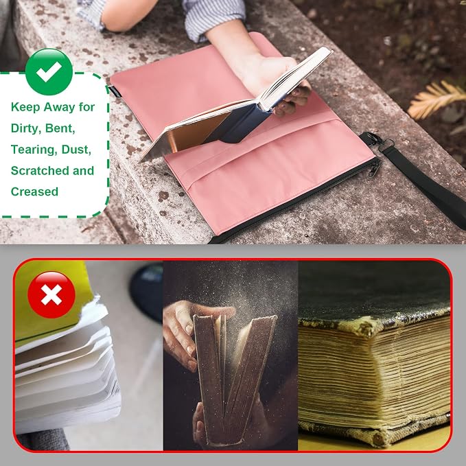 Book Sleeves with Zipper, Travel Book Protector Pouch for Paperbacks & Hardcover Books, Book Covers Bags Carry Case/Front Pocket & Handle Strap for Book Lovers Mother's Day Readers (Pink, 1 Pc)